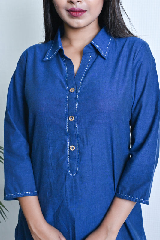 Blue Straight Cut Shirt Collar Kurta With Kantha Hand Embroidery Detailing On Placket & Collar