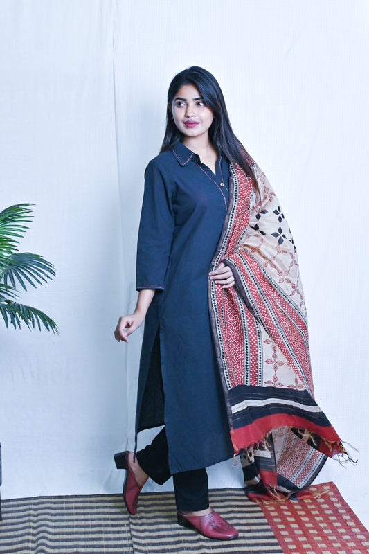 Black Straight Cut Shirt Collar Kurta With Kantha Hand Embroidery Detailing On Placket & Collar