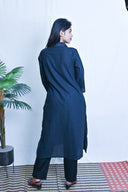 Black Hand Embroidered Cotton Straight Cut Shirt Collar Kurta