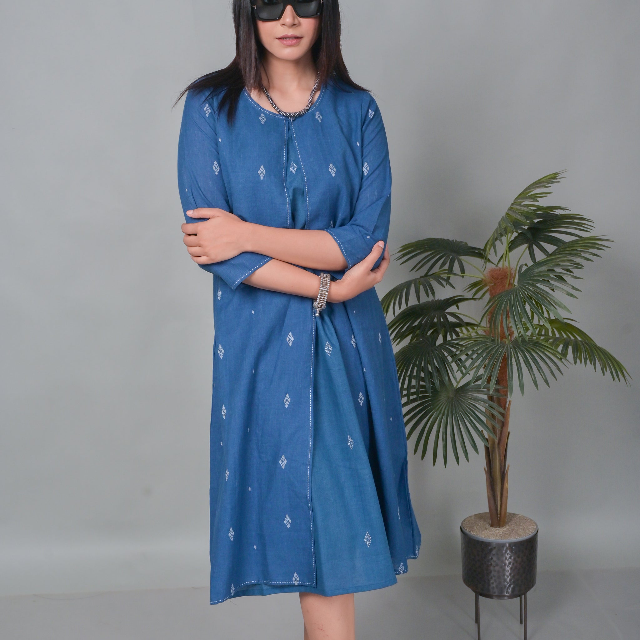 Indigo Jamdani Jacket Style Long Dress with kantha Embroidery