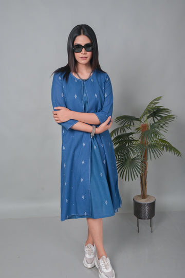 Indigo Jamdani Jacket Style Long Dress with kantha Embroidery
