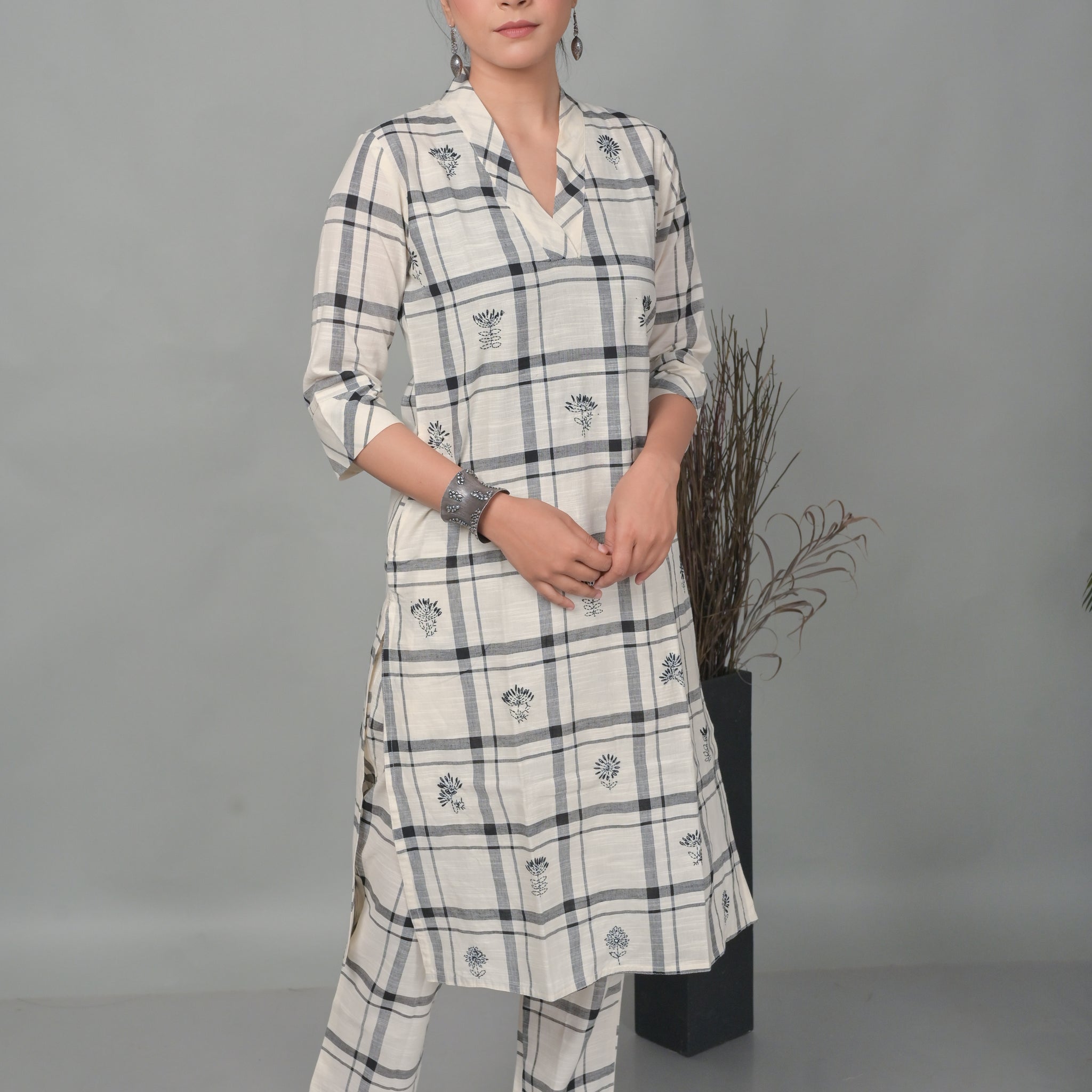 White Checkered Co-ord Set With Kantha Hand Embroidery All Over