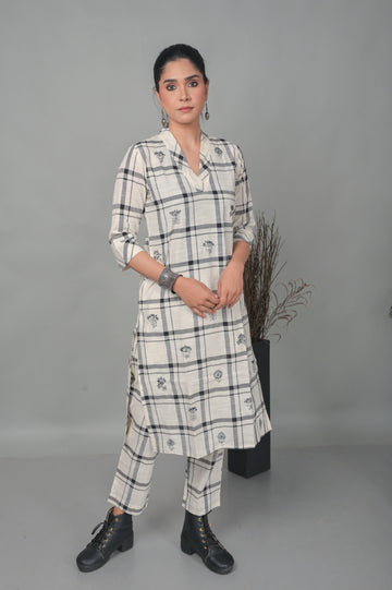 White Checkered Co-ord Set With Kantha Hand Embroidery All Over