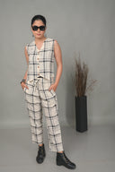 White Checkered Hand Embroidered Cotton Sleeveless Co-ord Set (set of 2)