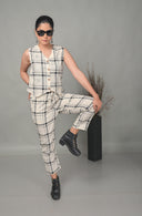 White Checkered Hand Embroidered Cotton Sleeveless Co-ord Set (set of 2)