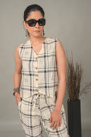 White Checkered Hand Embroidered Cotton Sleeveless Co-ord Set (set of 2)