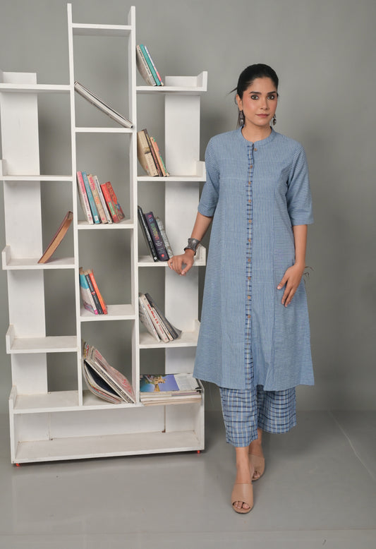 Blue Stripe Handwoven Cotton Flared Pant