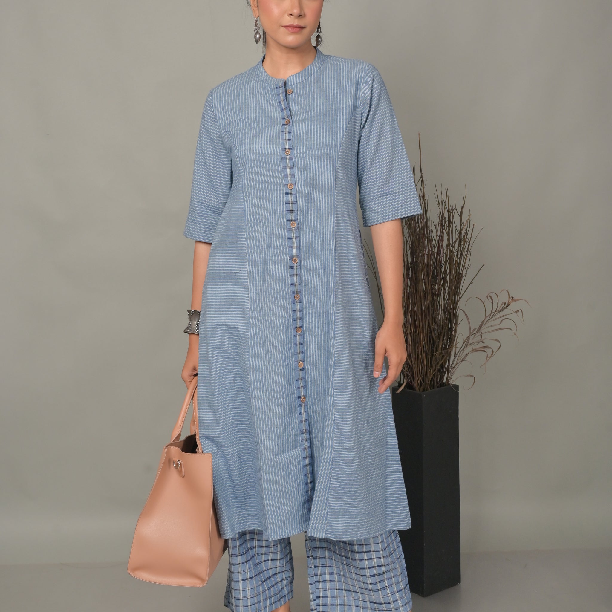 Blue Stripe Handwoven Front Open Kurta