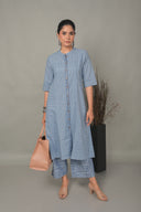 Blue Striped Handloom Cotton Front Open Dress