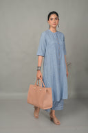 Blue Striped Handloom Cotton Front Open Dress