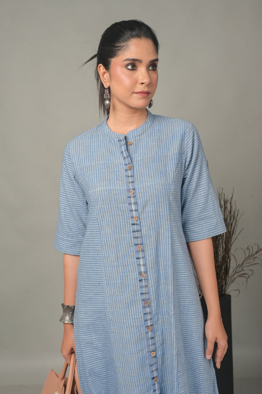 Blue Stripe Handwoven Front Open Kurta