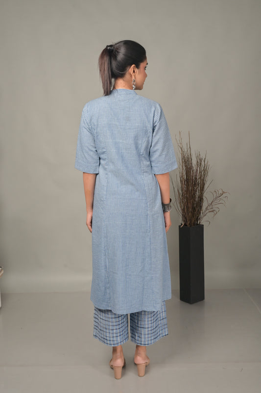 Blue Stripe Handwoven Front Open Kurta
