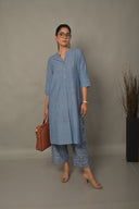 Denim Blue Hand Embroidered Handloom Cotton A-Line Kurta
