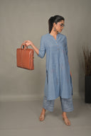 Denim Blue Geometric Hand Embroidered Handloom Cotton A-Line Kurta Set (set of 2)