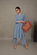 Denim Blue Geometric Hand Embroidered Handloom Cotton A-Line Kurta Set (set of 2)
