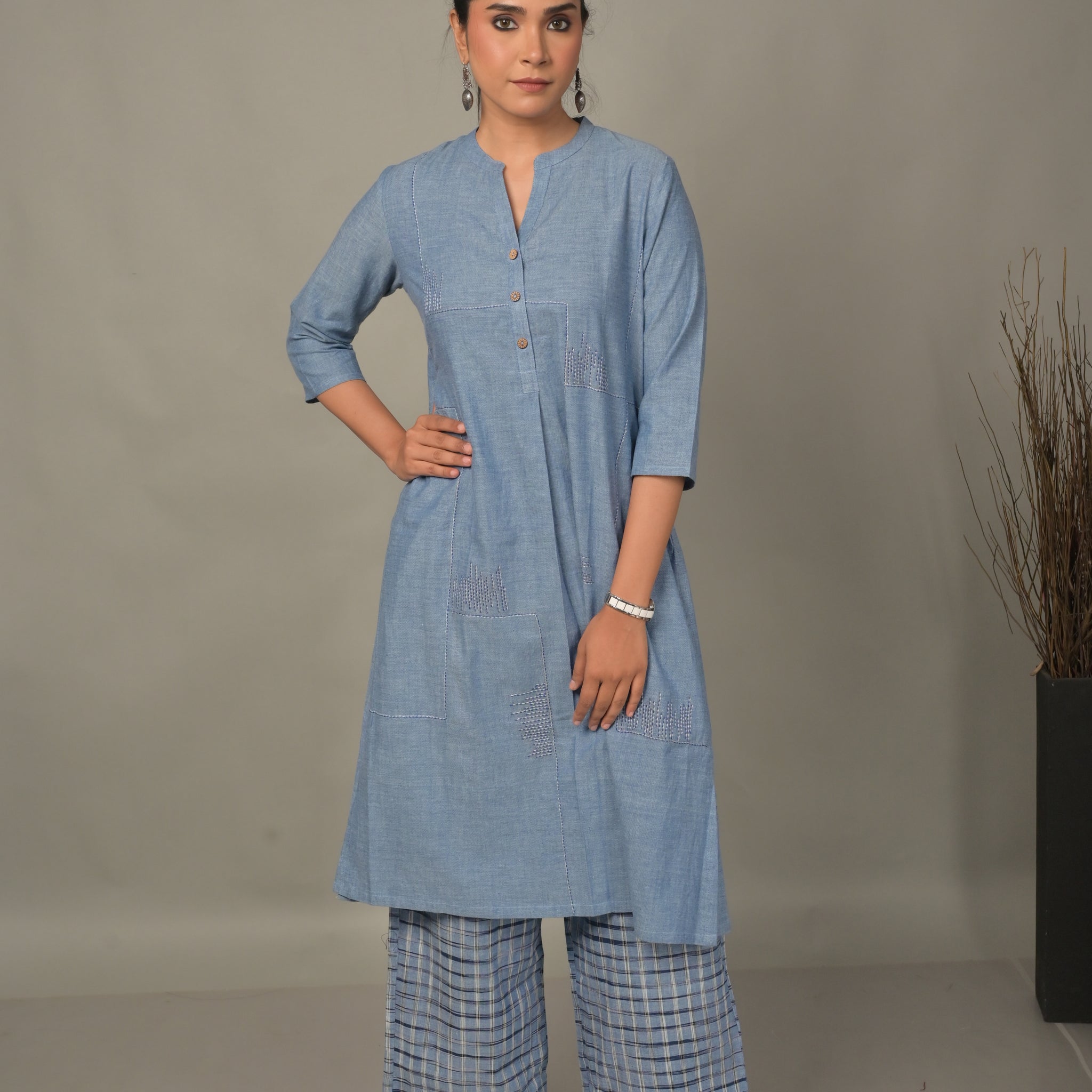 Blue Handwoven Geometric A-Line Kurta with Hand Embroidery Detailing