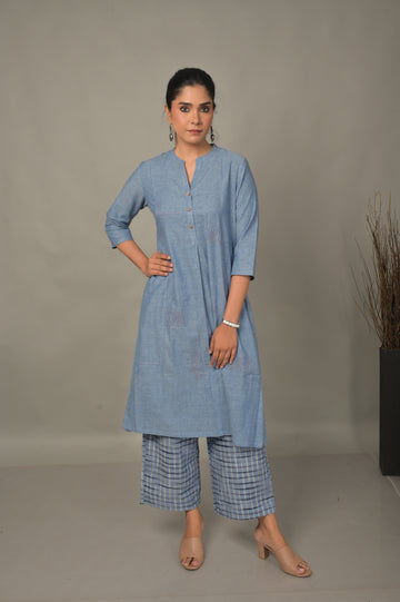 Blue Handwoven Geometric A-Line Kurta with Hand Embroidery Detailing