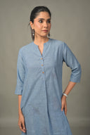 Denim Blue Geometric Hand Embroidered Handloom Cotton A-Line Kurta Set (set of 2)