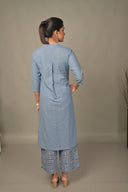 Denim Blue Geometric Hand Embroidered Handloom Cotton A-Line Kurta Set (set of 2)