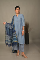 Denim Blue Geometric Hand Embroidered Handloom Cotton A-Line Kurta Set (set of 2)