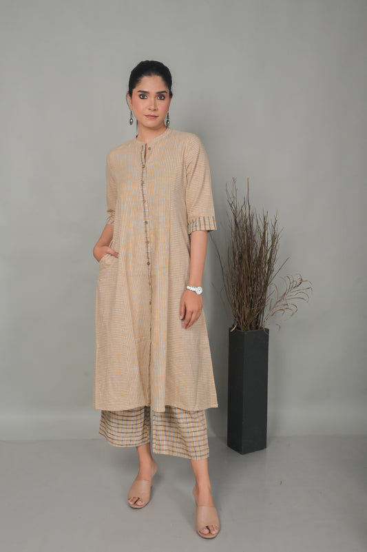 Beige Stripe Handwoven Cotton Flared Pant