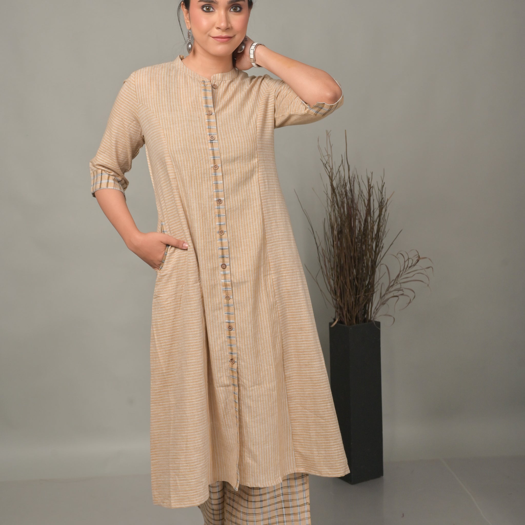 Beige Stripe Handwoven Co-ord Set (set of 2)