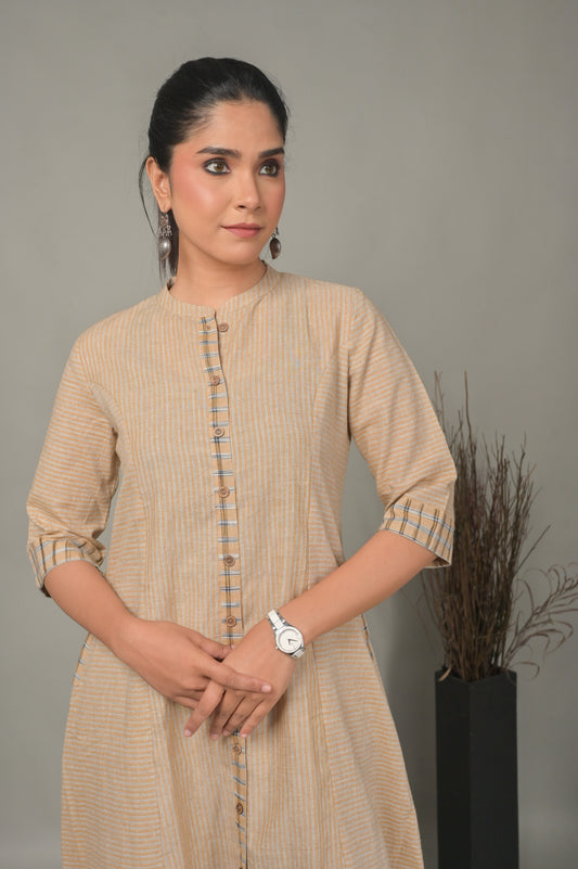 Beige Stripe Handwoven Front Open Kurta