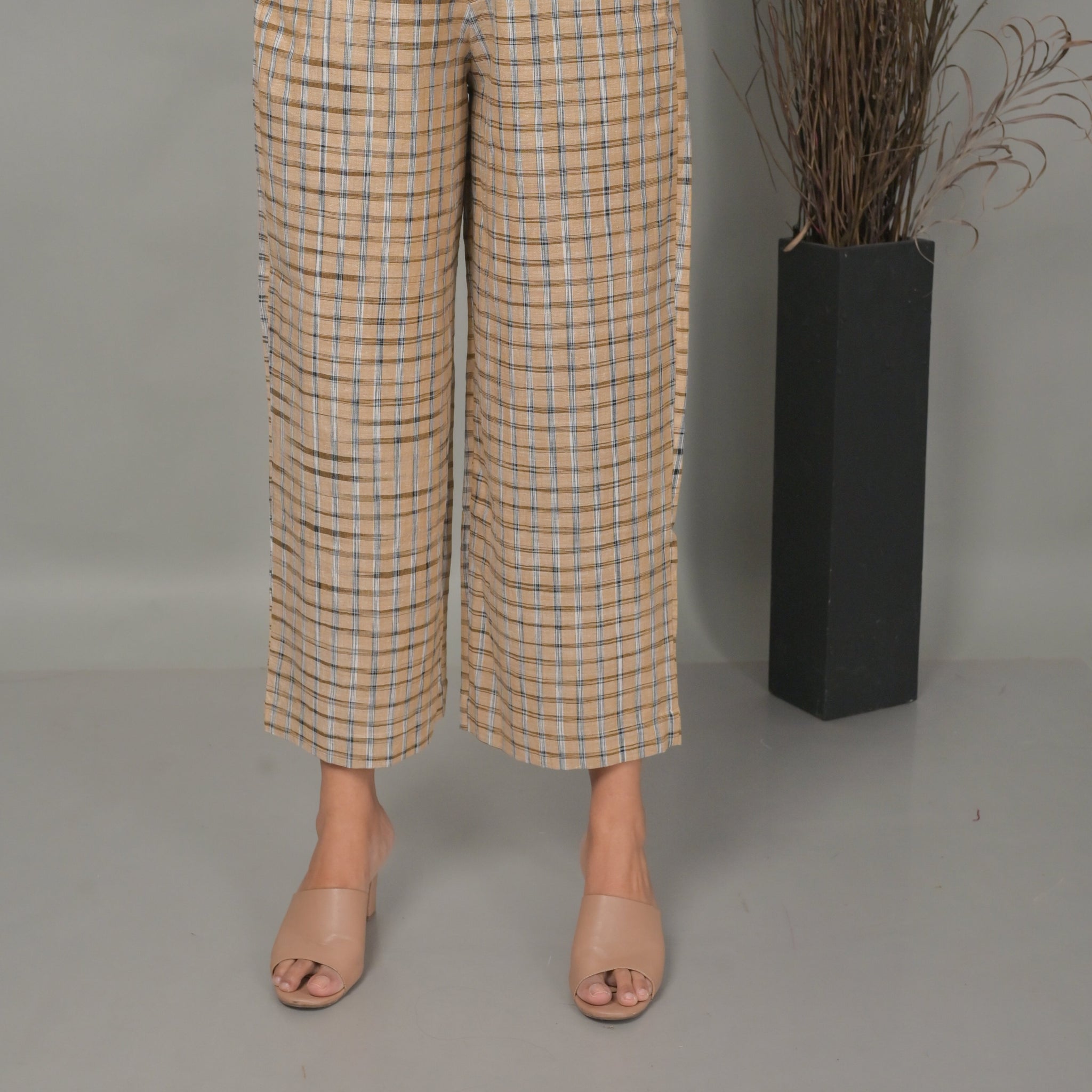 Beige Stripe Handwoven Cotton Flared Pant