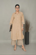 Beige Hand Embroidered Handloom Cotton Antifit Kurta Set (set of 2)