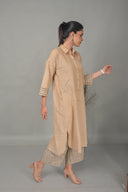 Beige Hand Embroidered Handloom Cotton Antifit Kurta Set (set of 2)