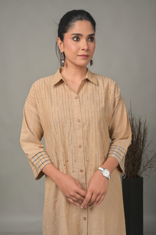 Beige Handwoven Anti-Fit Co-ord set with Hand Embroidery Detailing (Set of 2)