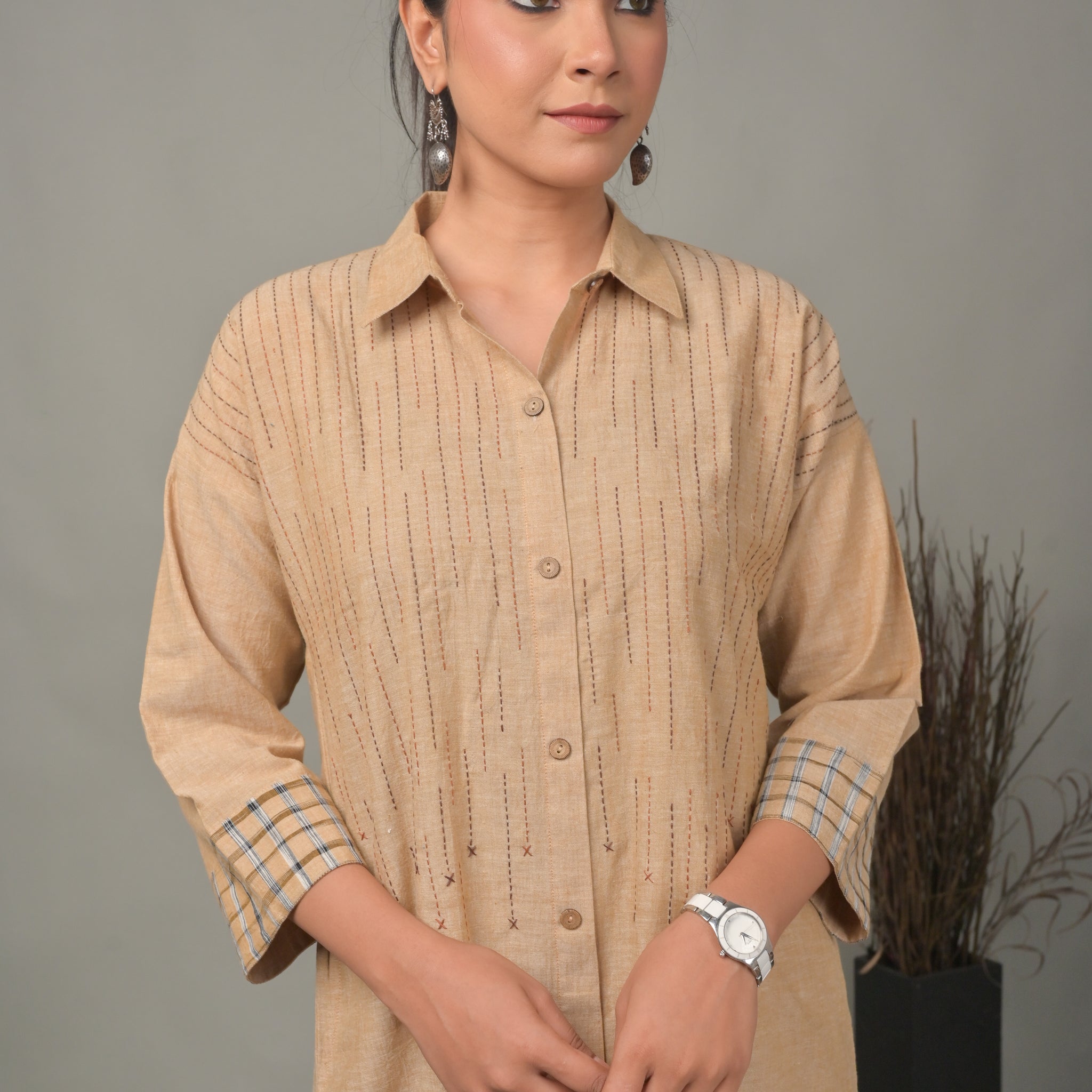 Beige Handwoven Anti-Fit kurta with Hand Embroidery Detailing
