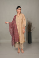 Beige Hand Embroidered Handloom Cotton Antifit Kurta Set (set of 2)