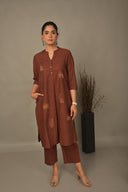 Brown Hand Embroidered Handloom Cotton A-Line Kurta