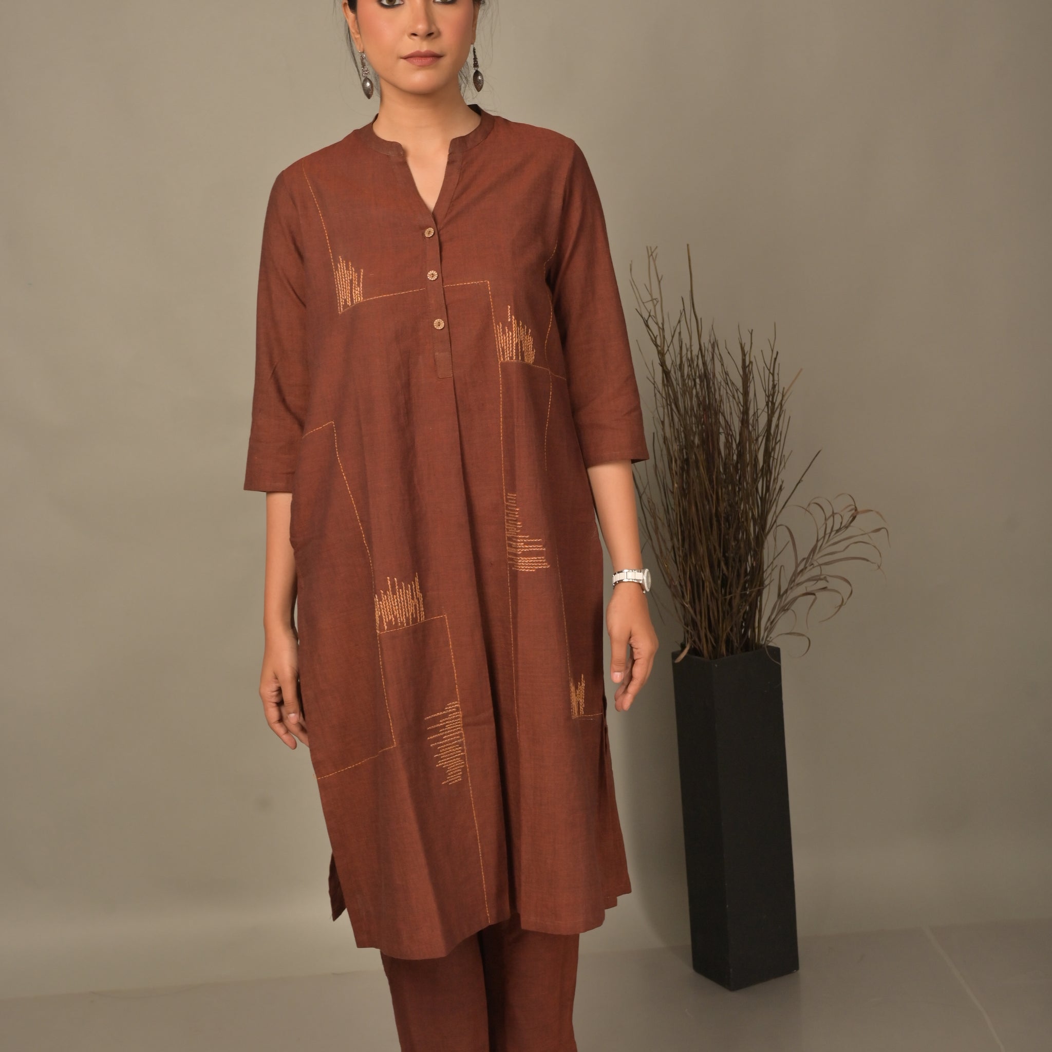 Brown Handwoven Geometric A-Line Kurta with Hand Embroidery Detailing