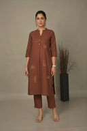 Brown Hand Embroidered Handloom Cotton A-Line Kurta