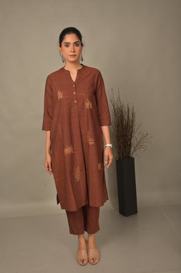 Brown Handwoven Geometric A-Line Kurta with Hand Embroidery Detailing