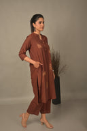 Brown Hand Embroidered Handloom Cotton A-Line Kurta
