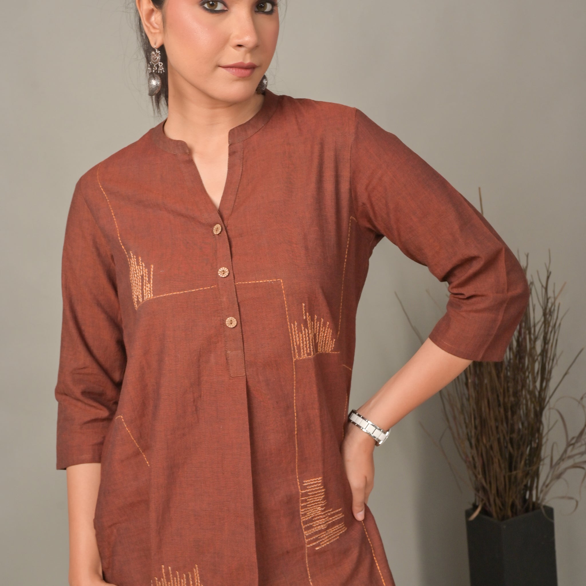 Brown Handwoven Geometric A-Line Co-ord set with Hand Embroidery Detailing (Set of 2)
