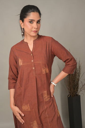 Brown Handwoven Geometric A-Line Co-ord set with Hand Embroidery Detailing (Set of 2)