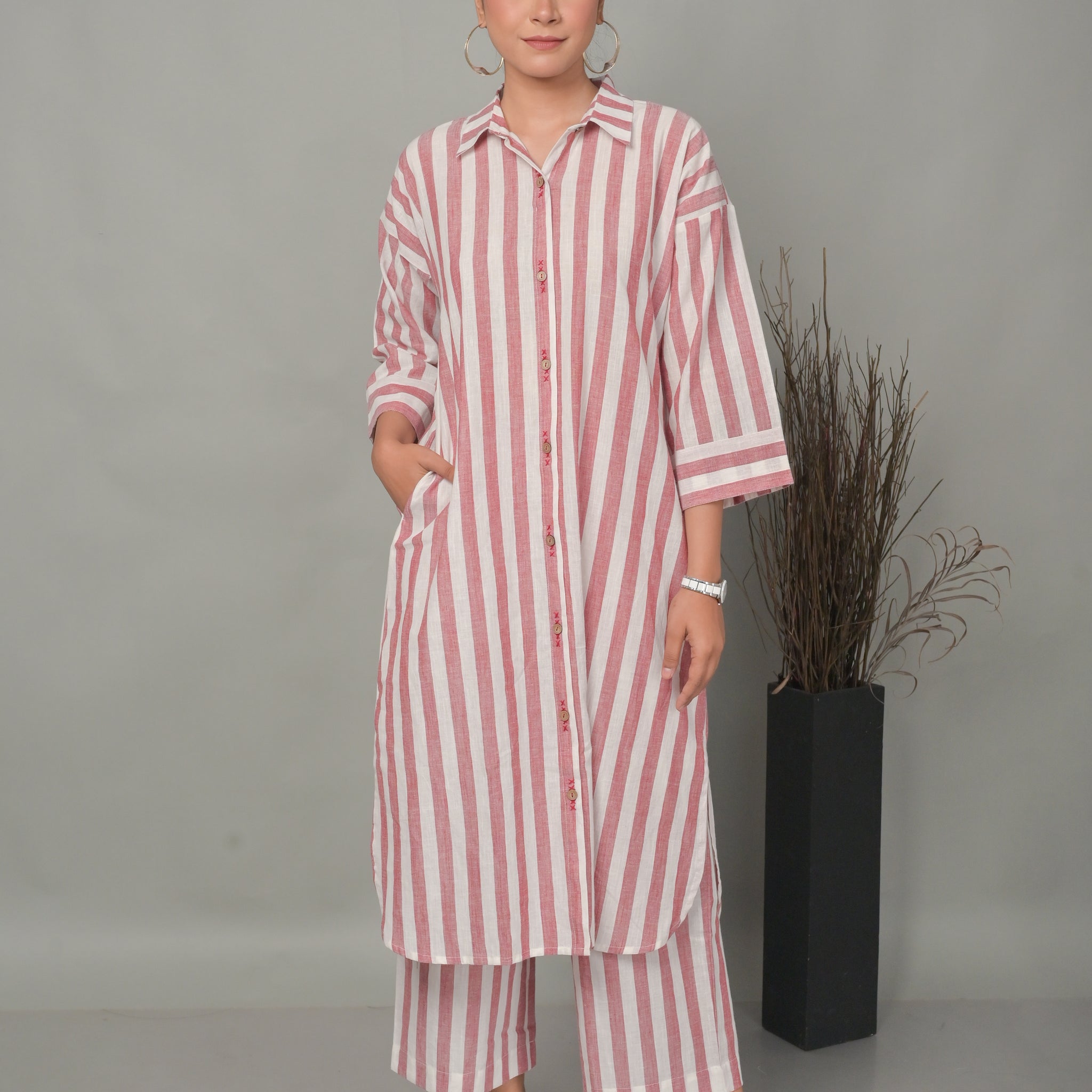 White-Red Stripe Antifit Co-ord Set With Hand Embroidery Detailing