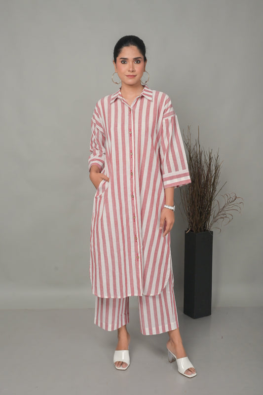 White-Red Stripe Cotton Flared Pants