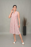 White-Red Striped Halter Neck A-Line Dress