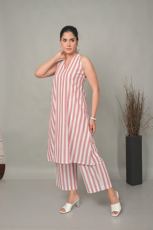 White-Red Stripe Halter Neck Dress With Kantha Hand Embroidery Detailing