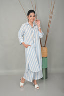 White-Blue Striped Cotton Flared Pants