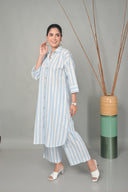 White-Blue Striped Antifit Shirt Collar Kurta Set (set of 2)