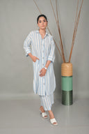White-Blue Striped Antifit Shirt Collar Kurta Set (set of 2)