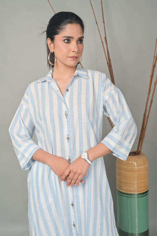 White-Blue Stripe Antifit Co-ord Set With Hand Embroidery Detailing