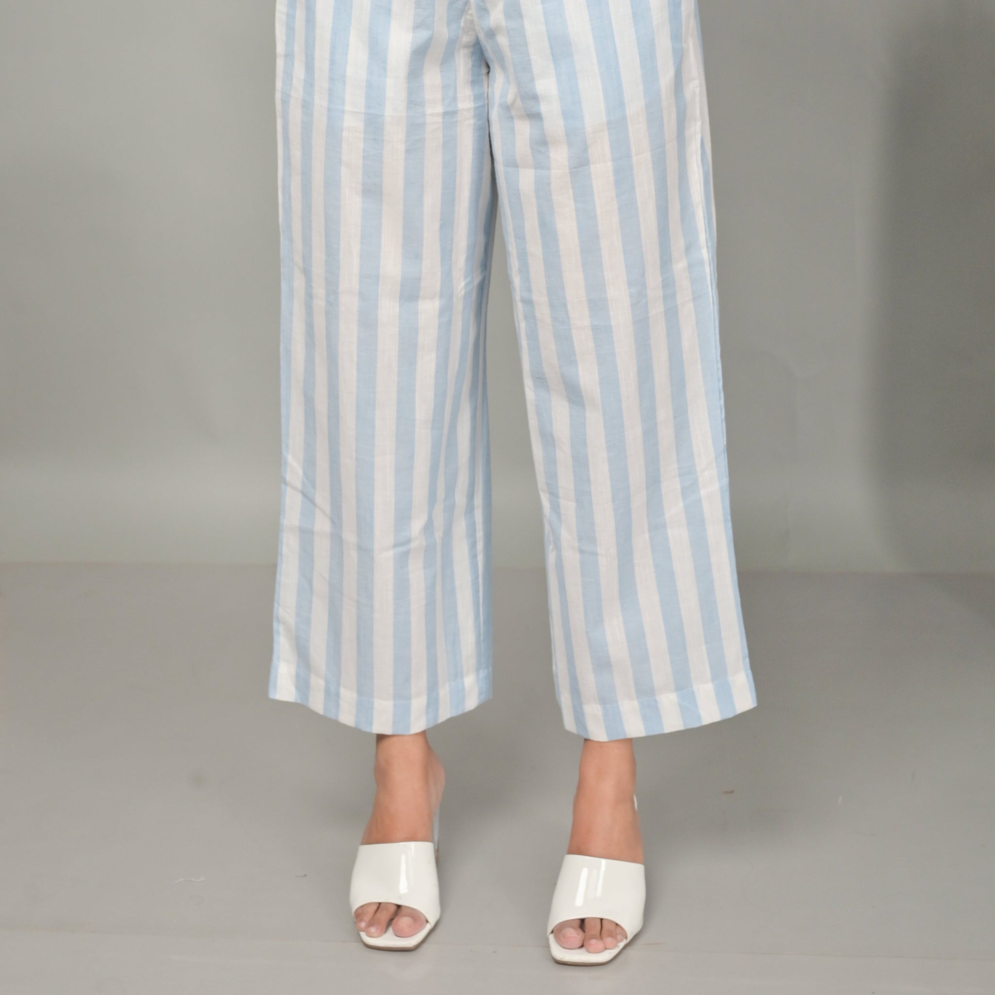 White-Blue Stripe Cotton Flared Pants
