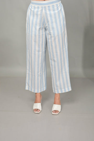 White-Blue Stripe Cotton Flared Pants